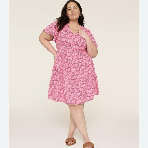 Lane Bryant Dresses & Skirts - Lane Bryant 22/24 Swing V-Neck Tiered Dress Pink Short Sleeve Cotton Casual